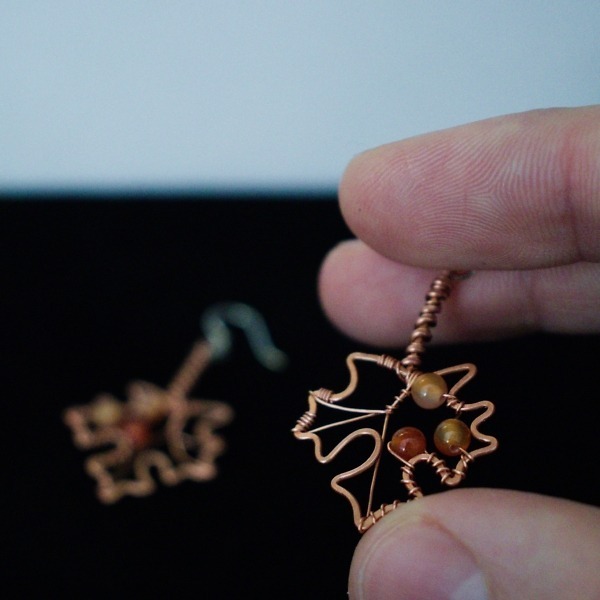 Sugar Maple Leaf and Carnelian Copper Earrings – Staged In Hand (1)-2 (RR)