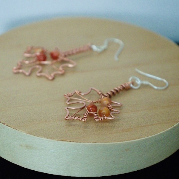 Sugar Maple Leaf and Carnelian Copper Earrings – Staged Wooden (1)-2 (RR)