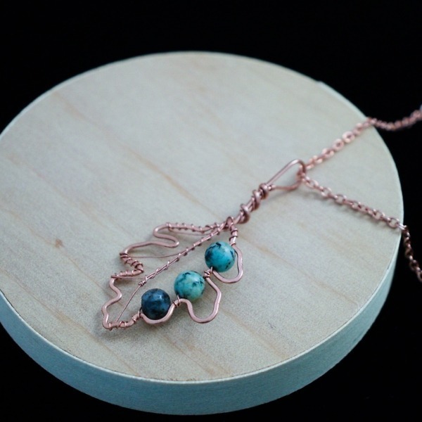 White Oak Leaf – African Turquoise – Copper Necklace – Wood – Leaf Series-2 (RR)