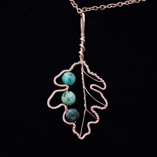 White Oak Leaf Copper Necklace – African Turquoise – Back (2)-2 (RR)