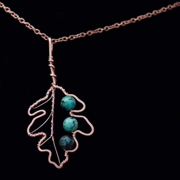 White Oak Leaf Copper Necklace – African Turquoise – Top (1)-2 (RR)