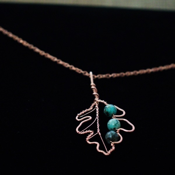 White Oak Leaf Copper Necklace – African Turquoise – Top (3)-2 (RR)