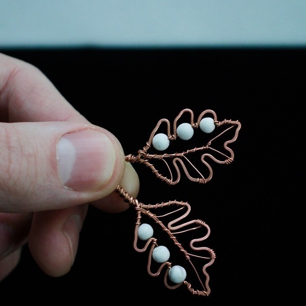 White Oak Leaf and Howlite Copper Earrings – In Hand (8)-2 (RR)