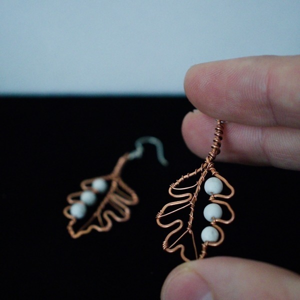 White Oak Leaf and Howlite Copper Earrings – Staged In Hand (3)-2 (RR)