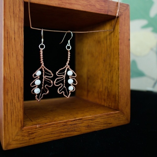 White Oak Leaf and Howlite Copper Earrings – Staged Pinterest (2)-2 (RR)