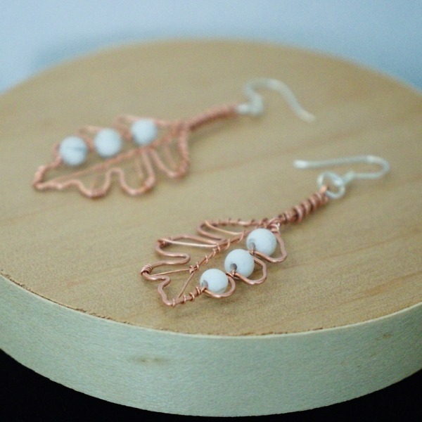 White Oak Leaf and Howlite Copper Earrings – Staged Wooden (1)-2 (RR)