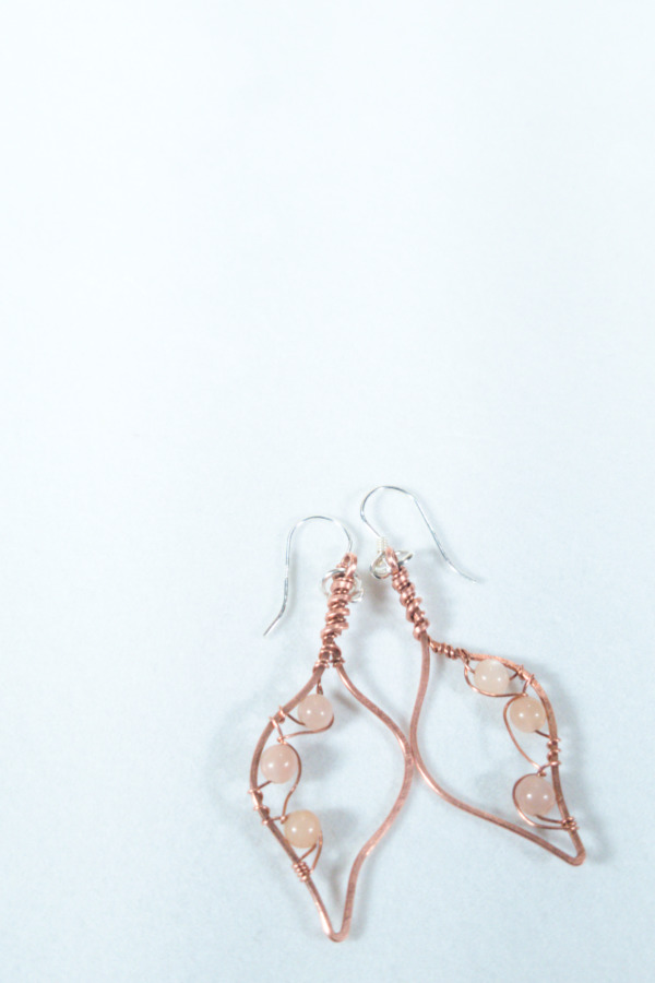 Bodhi Leaf – Peach Moonstone – Copper Earrings (Banner)