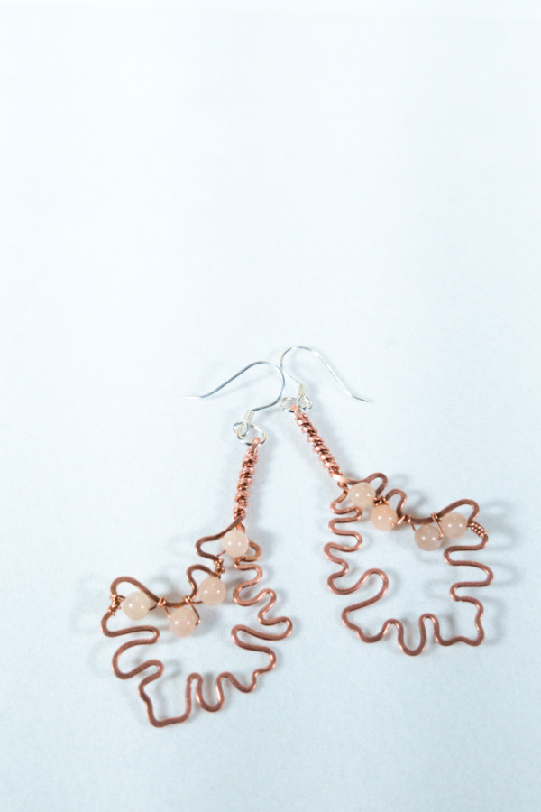 Bur Oak Leaf – Peach Moonstone – Copper Earrings (Banner)
