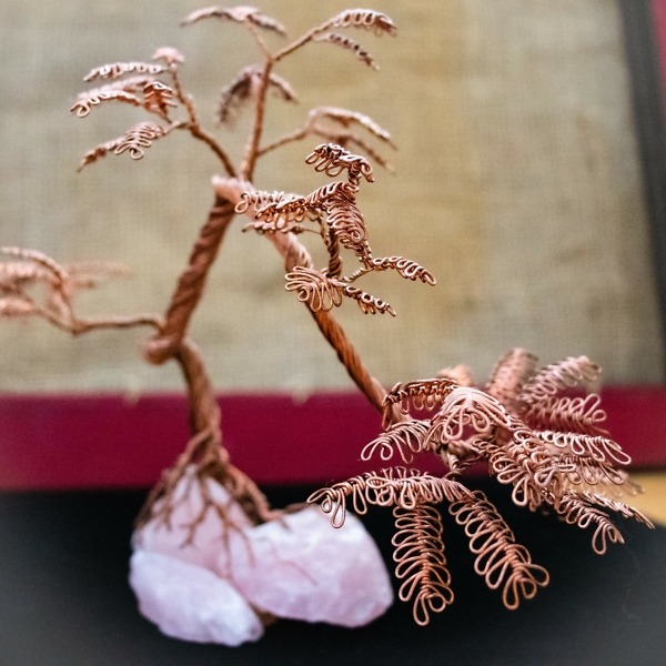 Copper Bonsai on rose quartz – Leaves