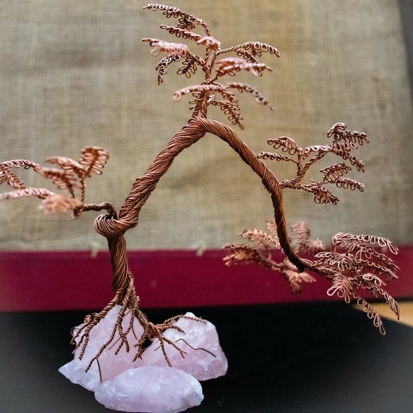 Copper Bonsai on rose quartz – Wide View