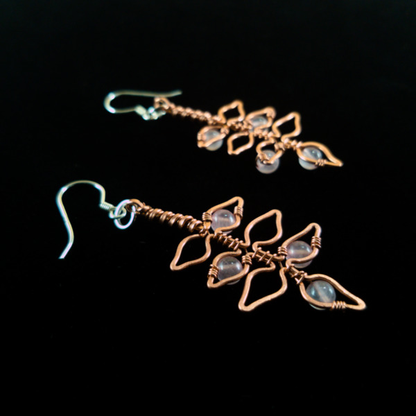 Elder Leaflet – Rose Quartz – Copper Earrings (Side)