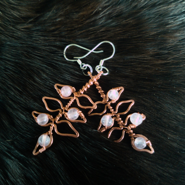 Elder Leaflet – Rose Quartz – Copper Earrings (Top)