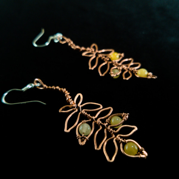 European Ash Leaflet – Yellow Jade – Copper Earrings (Side)