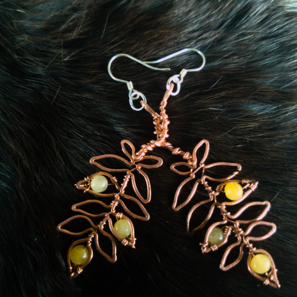 European Ash Leaflet – Yellow Jade – Copper Earrings (Top)