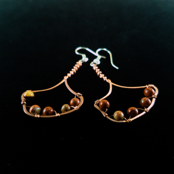 Ginkgo Leaf – White Laced Red Jasper – Copper Earrings (Details)