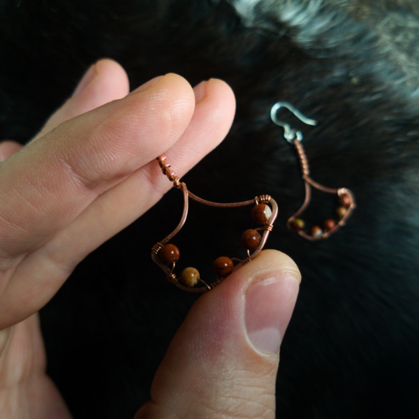 Ginkgo Leaf – White Laced Red Jasper – Copper Earrings (Details in Hand)