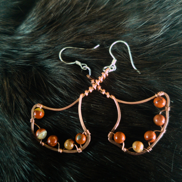 Ginkgo Leaf – White Laced Red Jasper – Copper Earrings (Top)