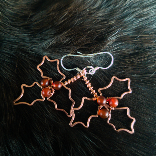 Holly Leaflet – Carnelian – Copper Earrings (Top)