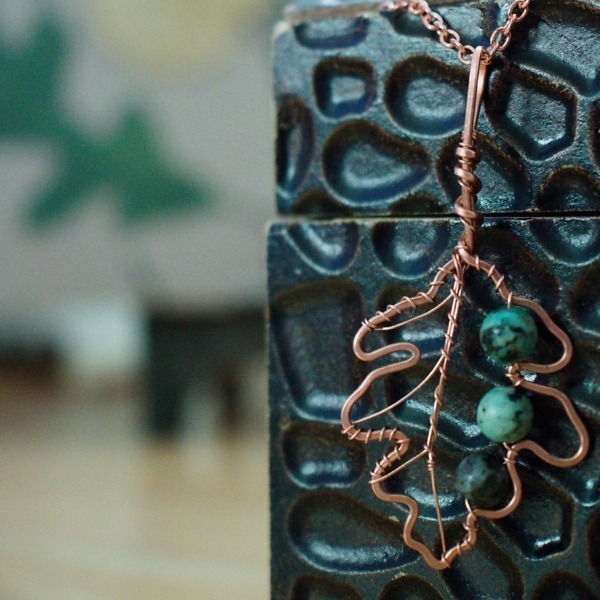 White Oak Leaf – African Turquoise – Copper Necklace