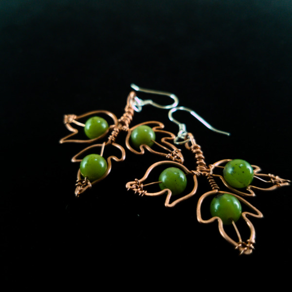 Poison Ivy Leaflet – Canadian Jade – Copper Earrings (Details)