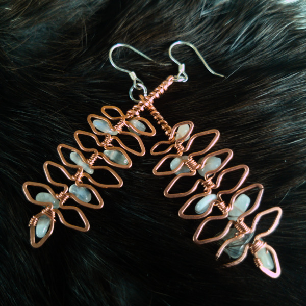 Rowan Leaflet – Moonstone Chip – Copper Earrings (Top)