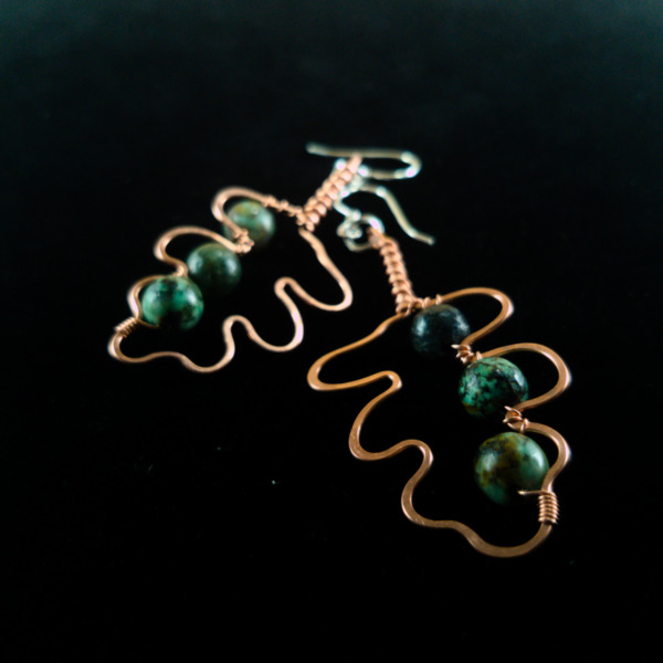 White Oak Leaf – African Turquoise – Copper Earrings (Details)