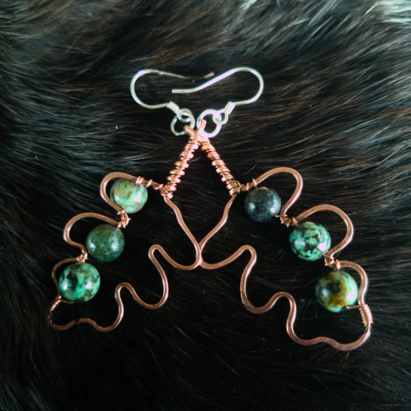 White Oak Leaf – African Turquoise – Copper Earrings (Top)