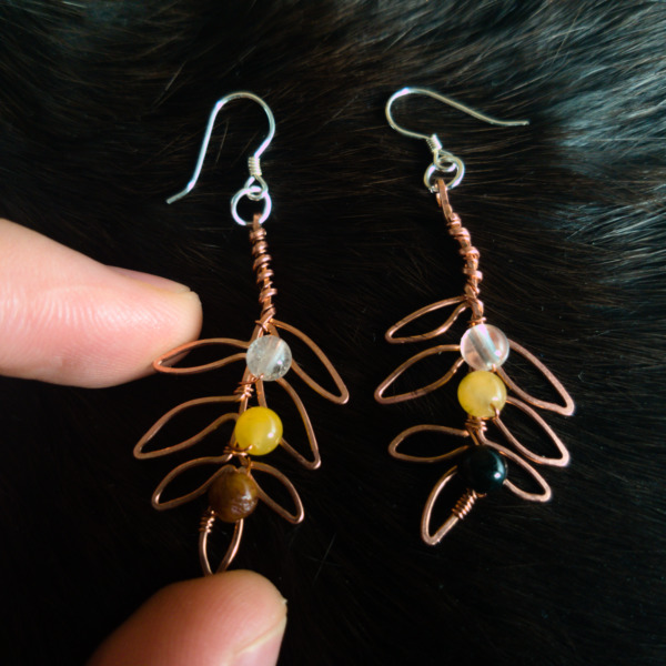 Willow Leaflet – Rutilated Quartz – Copper Earrings (Top)
