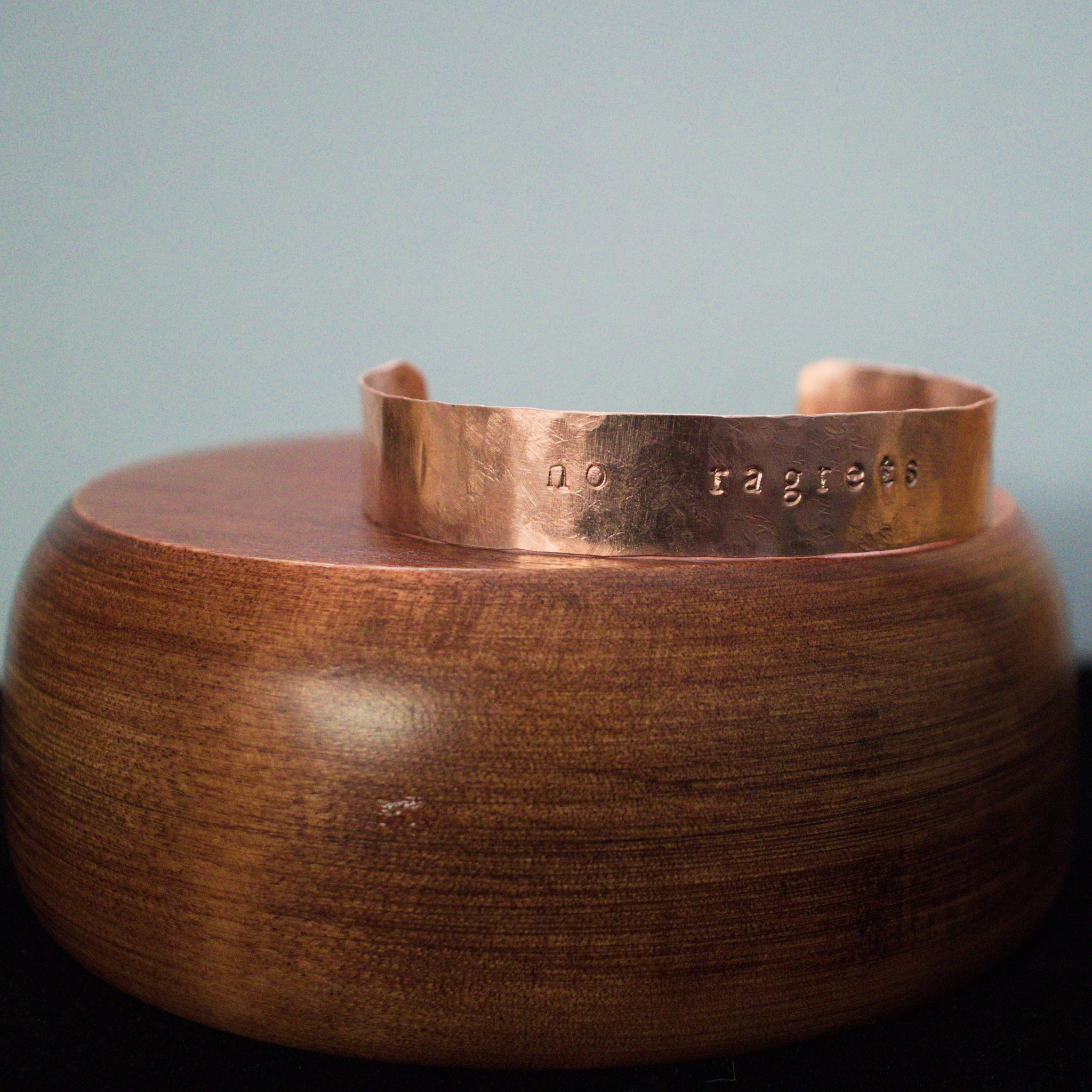 no ragrets – custom stamped copper bracelet – staged wood bowl (5)-1 (RR)