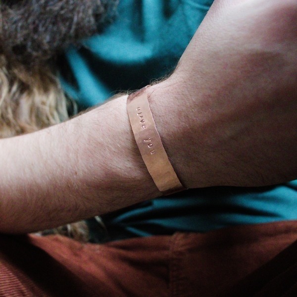 Olive You – Custom Stamped Copper Bracelet – In Use