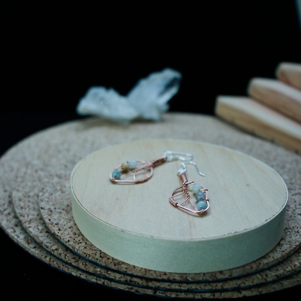 Eucalyptus Leaf and Mixed Amazonite Copper Earrings – Staged Cluster cork wood Pinterest (3)-2 (RR)