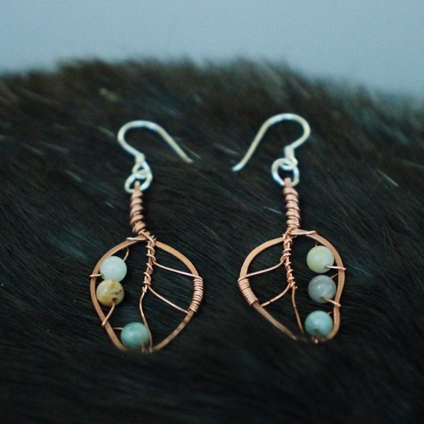 Eucalyptus Leaf and Mixed Amazonite Copper Earrings – Top (7)-2 (RR)