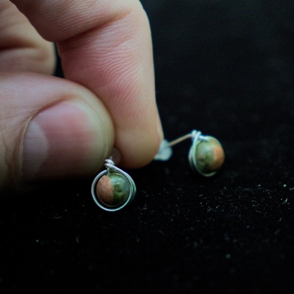 Simple Unakite Stone Earrings – in Hand